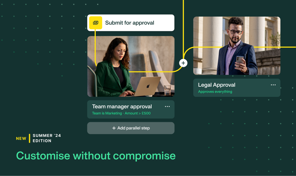 Image with two employees approving expense, which illustrates how the workflow designer works. 